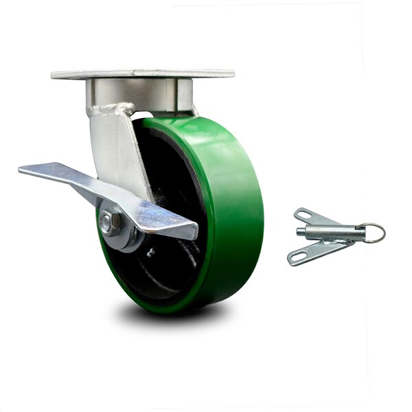 6 Inch Kingpinless Green Poly on Steel Wheel Caster with Brake and Swivel Lock